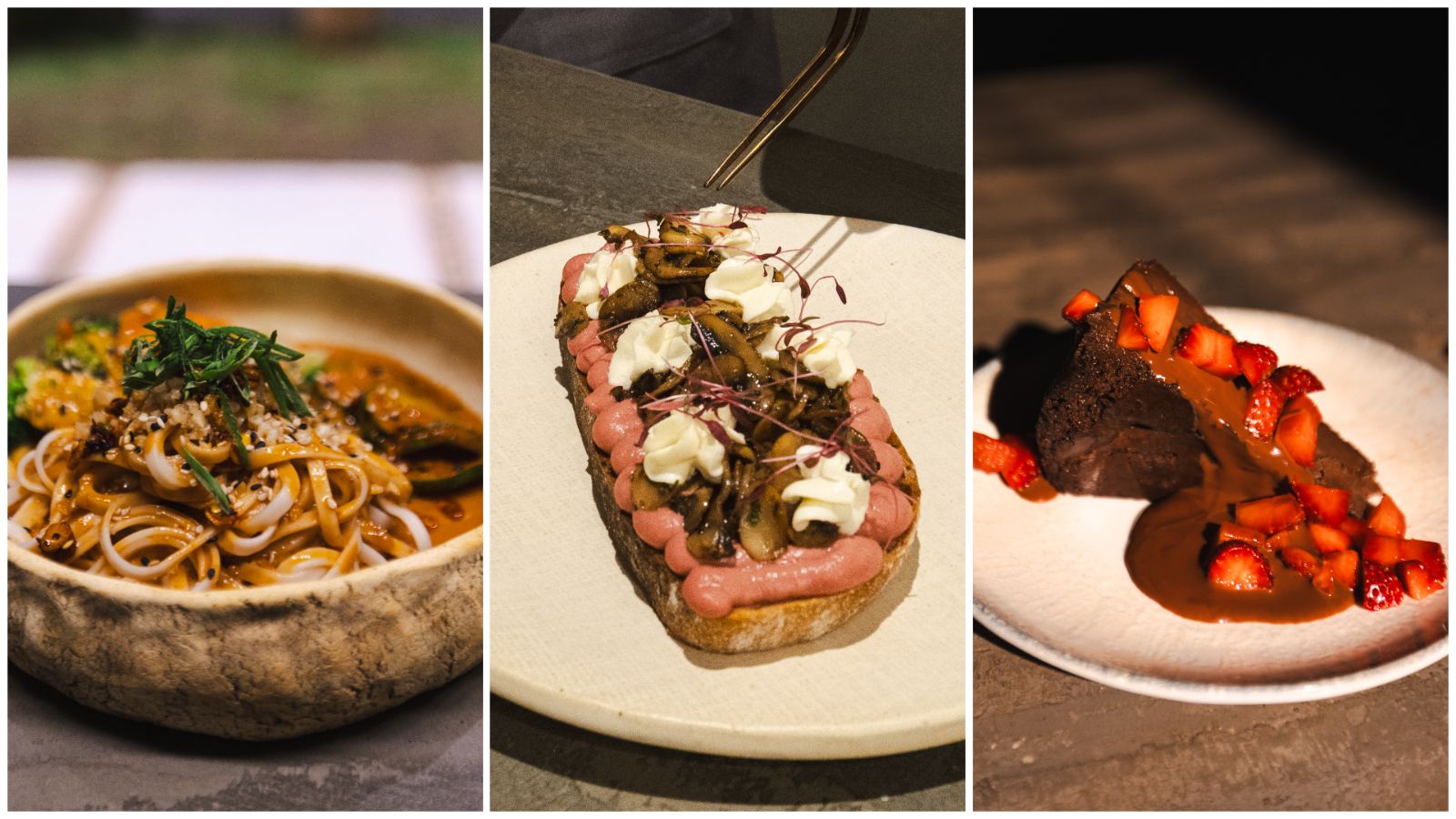 A real SLOW food spread with noodles, toast and chocolate dessert